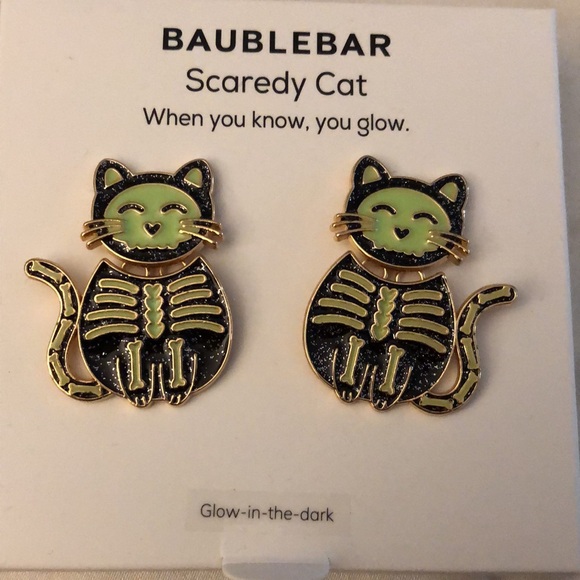 Baublebar Gold Tone Green & Black Scaredy Cat Glow In The Dark Drop Earrings NIB - Picture 3 of 14